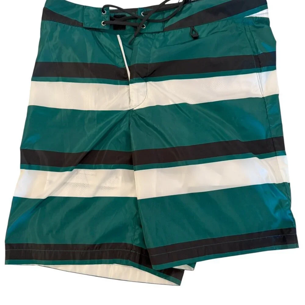 PRADA UB334 Men's Green Boxer Baiadera Nylon Striped Swim Suit Sz. 50- 34